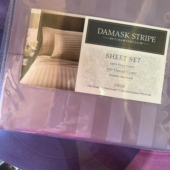 Charter Club Damask Stripe Sheet Set Pima Cotton Twin Purple NEW - Picture 7 of 8